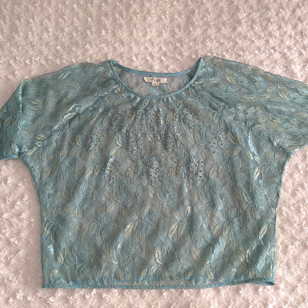 Forever 21 Mint Blouse Lace with Gold Metallic Thread Detail